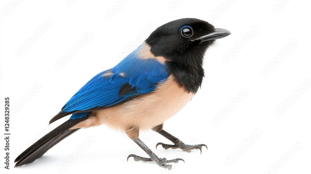 Fototapeta premium A Taiwan Jay bird perched gracefully, showcasing its vibrant blue and black feathers, isolated on a white background