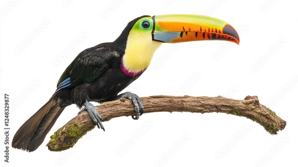 Fototapeta premium A vibrant toucan perched on a branch, showcasing its colorful beak and feathers, isolated on a white background