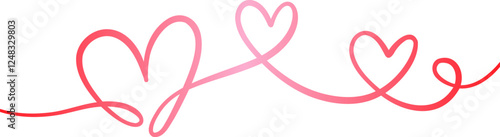 Red pink heart line art swirl vector flourish valentine border design, isolated