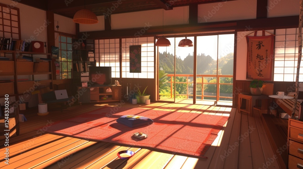 Fototapeta premium Serene Sunrise in a Japanese-Style Room