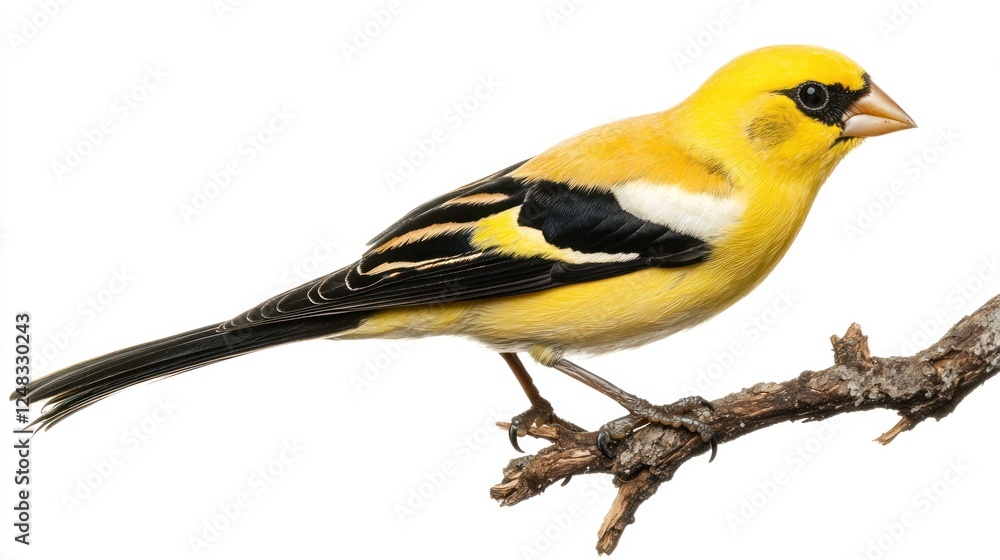 Fototapeta premium An elegant goldfinch perched on a branch, showcasing its vibrant yellow and black feathers, isolated on a white background