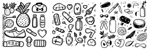 Creative doodles of health and fitness accessories including fruits, water bottles, and workout gear
