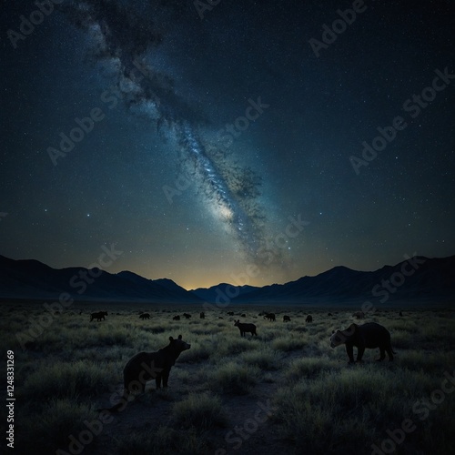 An artistic representation of vanishing animal silhouettes fading into a starry night sky, symbolizing extinction threats.