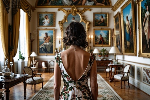 Elegant Salon Scene with Woman from Behind Surrounded by Classical Art Paintings