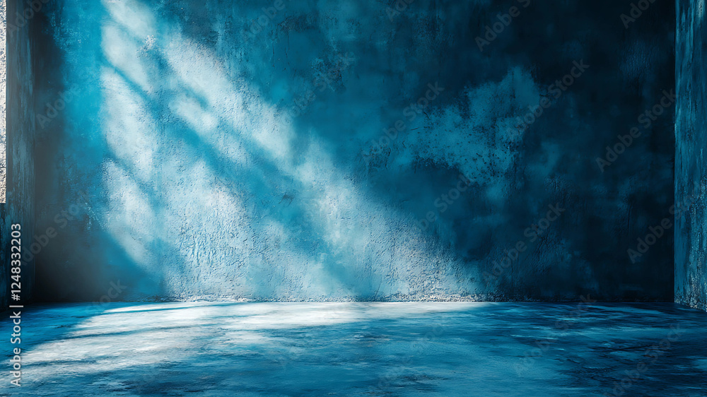 Naklejka premium Soft sunlight dances across the textured blue wall of this cement studio, creating a serene and versatile backdrop perfect for seasonal beauty presentations. 