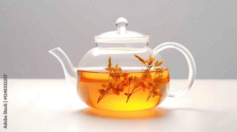 Elegant glass teapot filled with loose leaf tea displayed on a clean white background highlighting the minimalist design and natural beauty of the product Elegant glass teapot filled with loose leaf tea displayed on a clean white background highlighting the minimalist design and natural beauty of the product