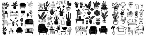 Unique black and white illustrations of indoor plants and furniture in a stylized arrangement across multiple panels
