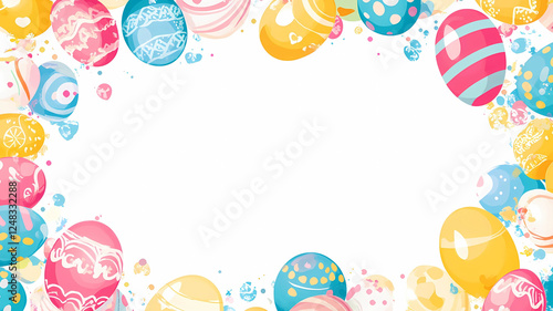 A festive Easter banner showcases a vibrant double-sided border of colorful eggs against a crisp white background, creating a joyful and elegant space for seasonal greetings.