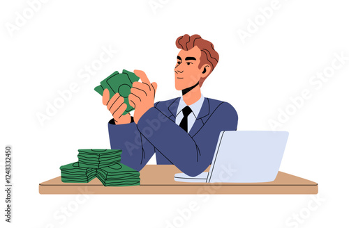 Businessman counts income. Business man sits at the table with wads of cash. Investor holds a lot of money, banknotes in hands. Financial success, wealth. Flat isolated vector illustration on white