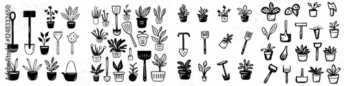 Illustration of various gardening tools and potted plants arranged in a decorative pattern