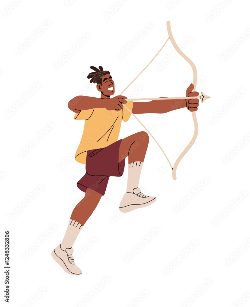 Happy archer pulls bowstring, aiming with closed eyes in jump, flight. Joyful African American bowman with holds bow and arrow in hands. Flat isolated vector illustration on white background Happy archer pulls bowstring, aiming with closed eyes in jump, flight. Joyful African American bowman with holds bow and arrow in hands. Flat isolated vector illustration on white background