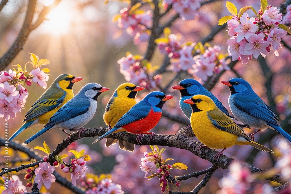 Obraz premium Vibrant Birds Singing in Blooming Trees Under Spring Sunshine