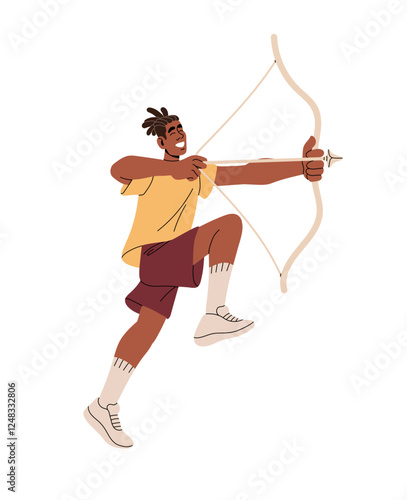 Happy archer pulls bowstring, aiming with closed eyes in jump, flight. Joyful African American bowman with holds bow and arrow in hands. Flat isolated vector illustration on white background