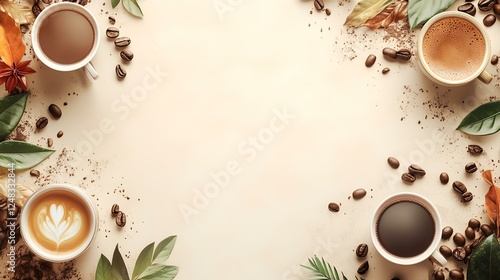 Autumn coffee drinks flatlay;  leaves, beans, cream art; blank space for text; cozy fall beverage menu