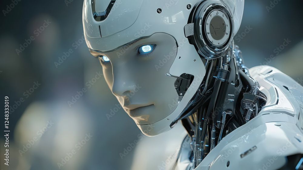 Female robot gazes intently forward with glowing eyes Female robot gazes intently forward with glowing eyes