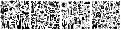 Unique black and white abstract mural filled with imaginative shapes and playful designs in a creative space