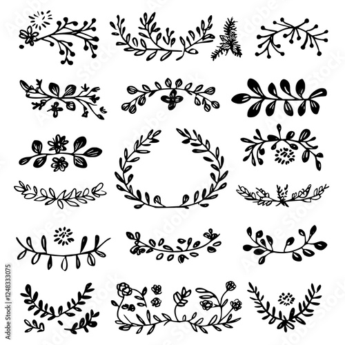 Collection of hand-drawn black floral designs with intricate details perfect for decor, craft projects, or digital artwork elements