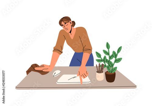 Diligent woman wipes dust with rag, duster on desk. Person care about clean of workplace, does wet cleaning at home. Housekeeping, housework. Flat isolated vector illustration on white background