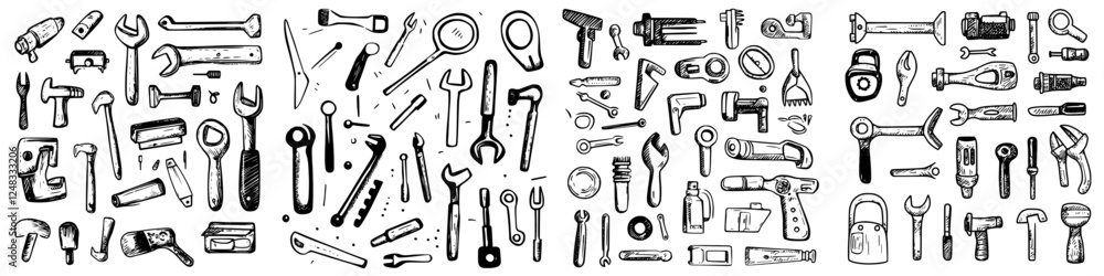 Collection of various hand tools arranged neatly for easy identification in a workshop setting Collection of various hand tools arranged neatly for easy identification in a workshop setting