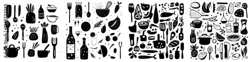 Culinary art consisting of various food items and kitchen utensils in a monochrome design for creative inspiration