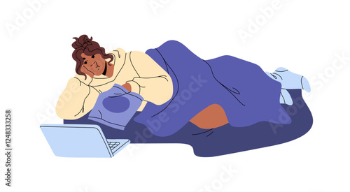 Lazy teen girl has a rest, watch movie and eats chips under blanket at home. Young woman lounges, relaxes on bed with film on laptop at leisure. Flat isolated vector illustration on white background