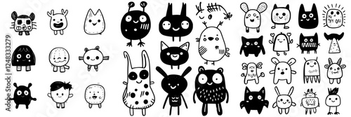 Various cute cartoon characters created with bold black outlines on a white background, showcasing unique designs and expressions
