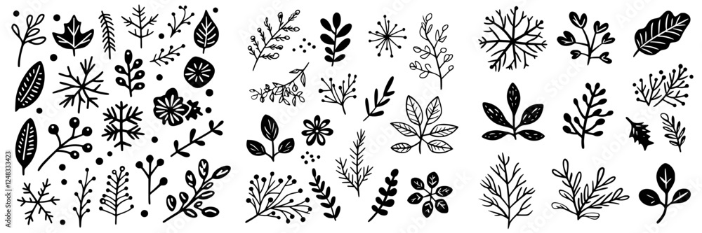 Fototapeta premium Various hand-drawn botanical illustrations showcasing diverse leaves and plants in monochrome style