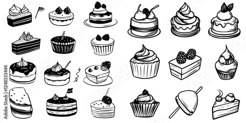 Delicious assortment of sweet desserts showcased in hand-drawn style, perfect for baking enthusiasts and pastry lovers