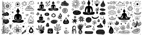 Exploring mindfulness and nature through black and white illustrations of meditation, plants, and celestial symbols