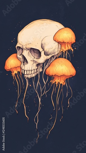 A surreal illustration featuring a skull surrounded by glowing orange jellyfish against a dark background