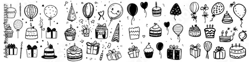 Celebratory doodles featuring cakes, balloons, and gifts for festive occasions
