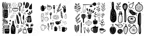 Creative collection of botanical and kitchen illustrations showcasing plants and utensils in a minimalist style