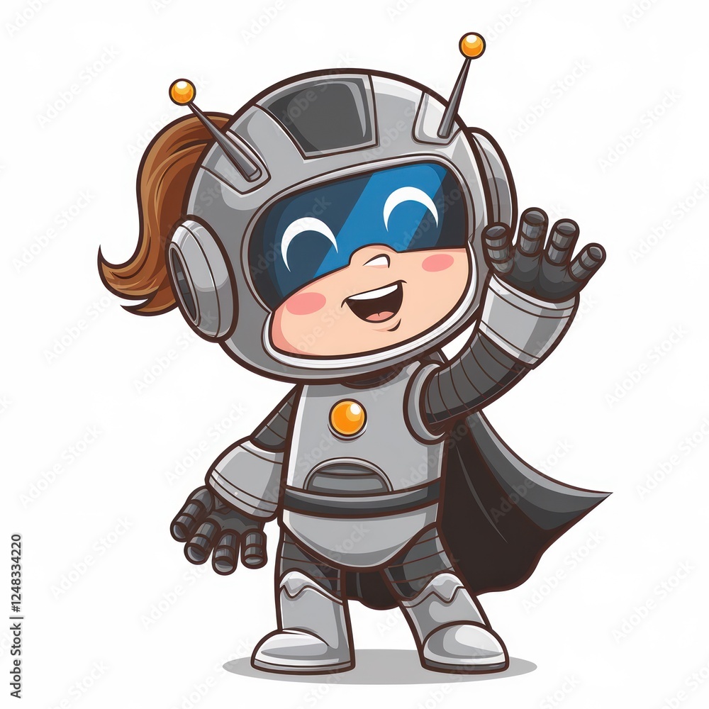 Adorable Robot Girl Superhero Waving Adorable Robot Girl Superhero Waving