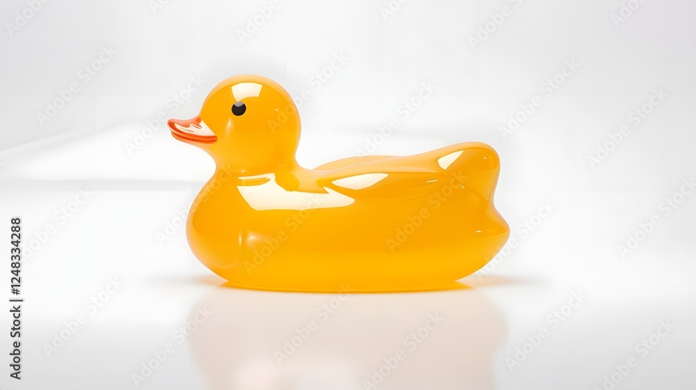 Minimalist photograph of a smooth reflective rubber duck placed on a bright white background creating a simple and clean composition with a focus on the object s shiny geometric form Minimalist photograph of a smooth reflective rubber duck placed on a bright white background creating a simple and clean composition with a focus on the object s shiny geometric form