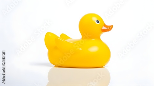 Sleek and shiny rubber duck with a smooth reflective surface placed on a bright white background  This minimalist photo