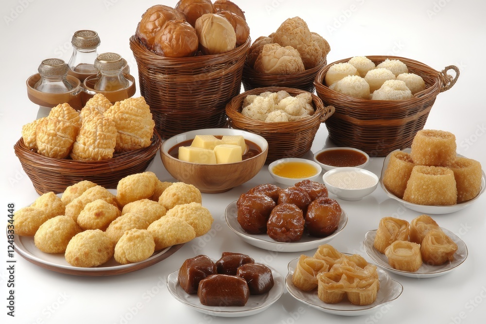 Assorted baked goods and sweets displayed in baskets and on plates against white background Assorted baked goods and sweets displayed in baskets and on plates against white background