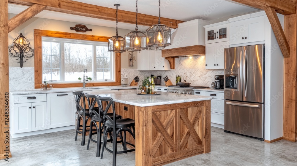 Fototapeta premium Elegant Farmhouse Kitchen with Bright Windows and Wooden Accents