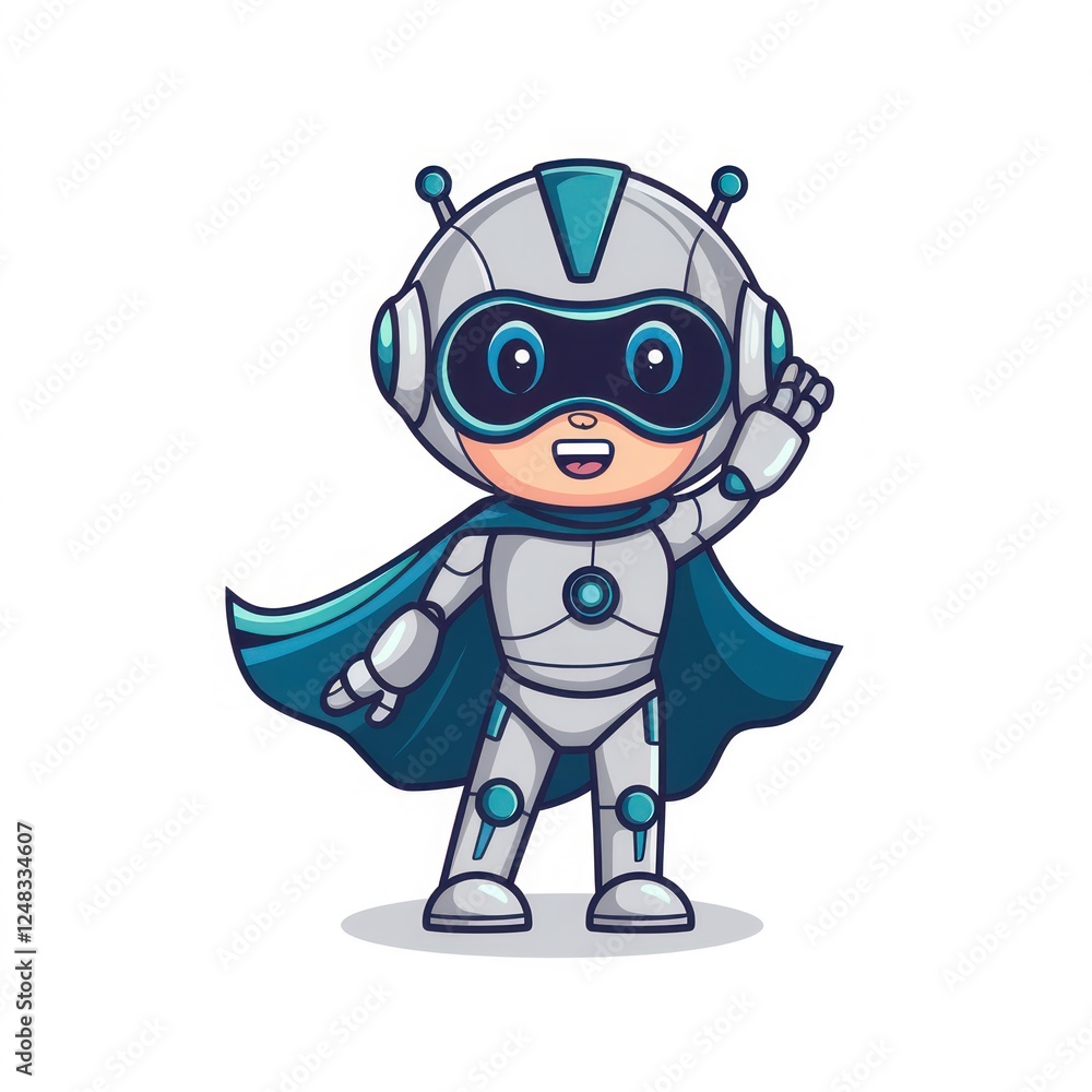 a cute robot with a blue cape, waving with a friendly smile. This robot character is perfect for representing technology, innovation, or artificial intelligence with a fun and approachable tone a cute robot with a blue cape, waving with a friendly smile. This robot character is perfect for representing technology, innovation, or artificial intelligence with a fun and approachable tone
