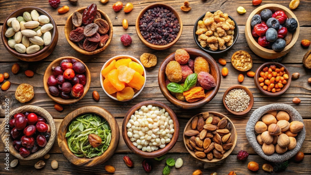 Aromatic Assortment of Dried Fruits, Nuts, and Seeds Arranged on Rustic Wooden Surface Aromatic Assortment of Dried Fruits, Nuts, and Seeds Arranged on Rustic Wooden Surface