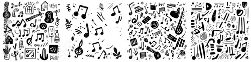 Musical elements create a lively pattern highlighting the joy of sound through notes, instruments, and vibrant motifs