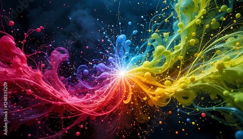 Vivid Energy Splash Explosion - Multicolor Liquid Ink Burst with Glowing Light Particles and Abstract Color Explosion for Creative Designs and Fantasy Art