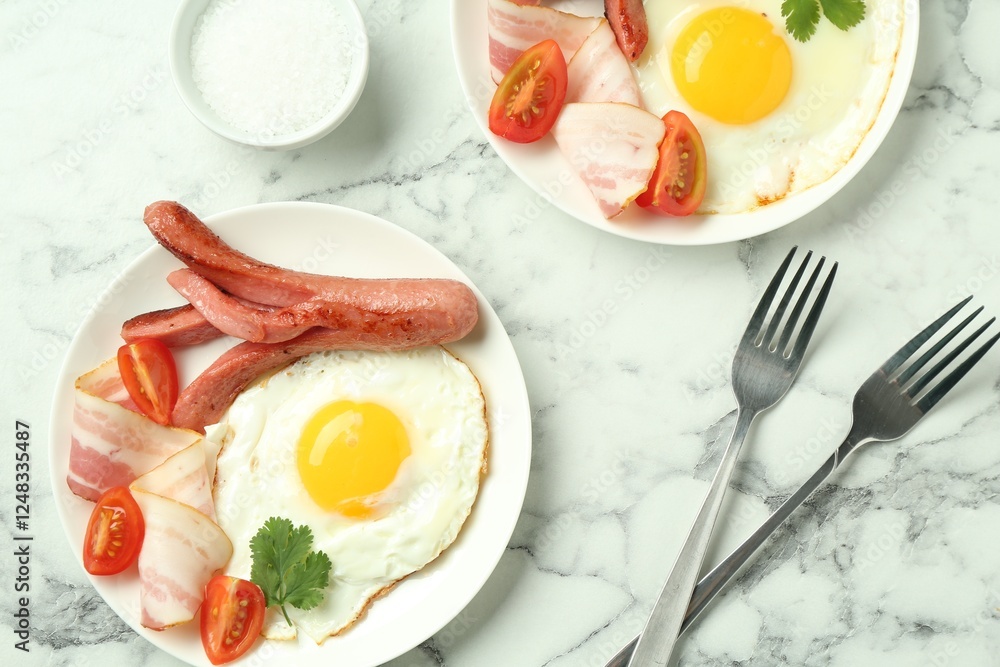 Tasty brunch. Fried eggs, sausage, bacon and tomatoes served on white marble table, flat lay Tasty brunch. Fried eggs, sausage, bacon and tomatoes served on white marble table, flat lay