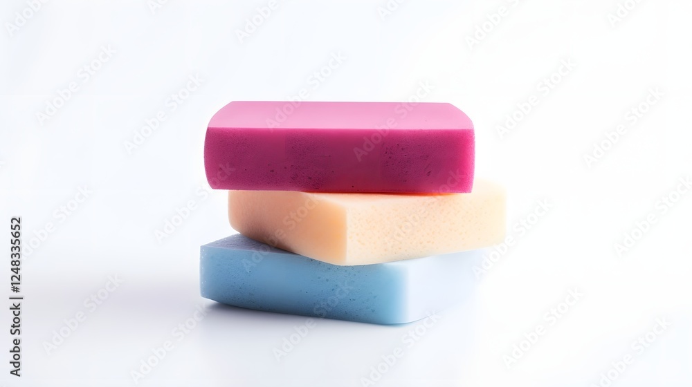 Stacked arrangement of three different colored kitchen cleaning sponges placed on a smooth plain white background Minimal simple product shot with focus on the soft absorbent cleaning tools Stacked arrangement of three different colored kitchen cleaning sponges placed on a smooth plain white background Minimal simple product shot with focus on the soft absorbent cleaning tools
