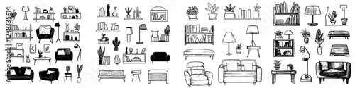 Stylish interior illustrations featuring diverse furniture, shelves, and decorative plants in various arrangements