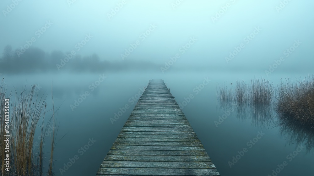 Naklejka premium Quiet pier stretching into a foggy lake
