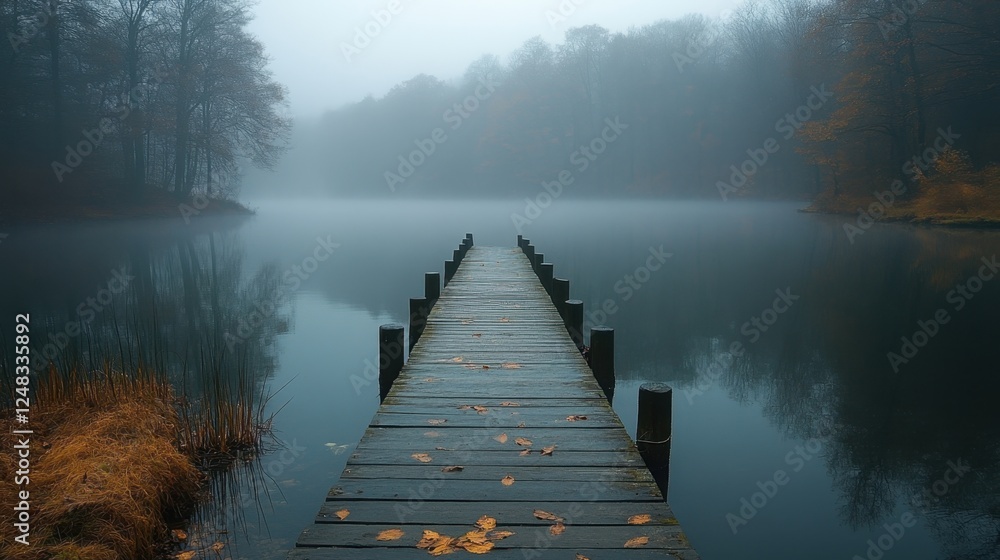 Naklejka premium Quiet pier stretching into a foggy lake