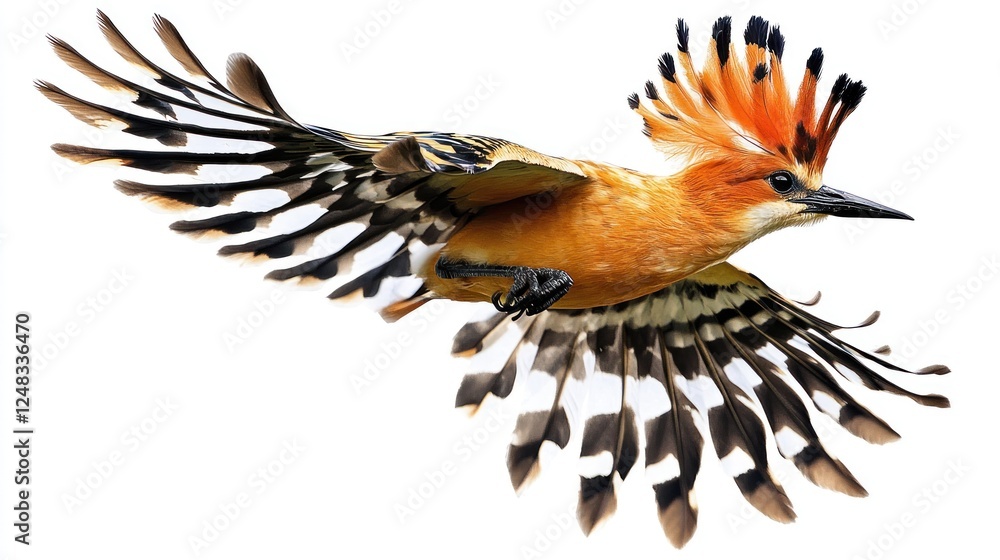 Fototapeta premium A vibrant Eurasian Hoopoe bird flying gracefully, with its distinctive crown of feathers spread out.