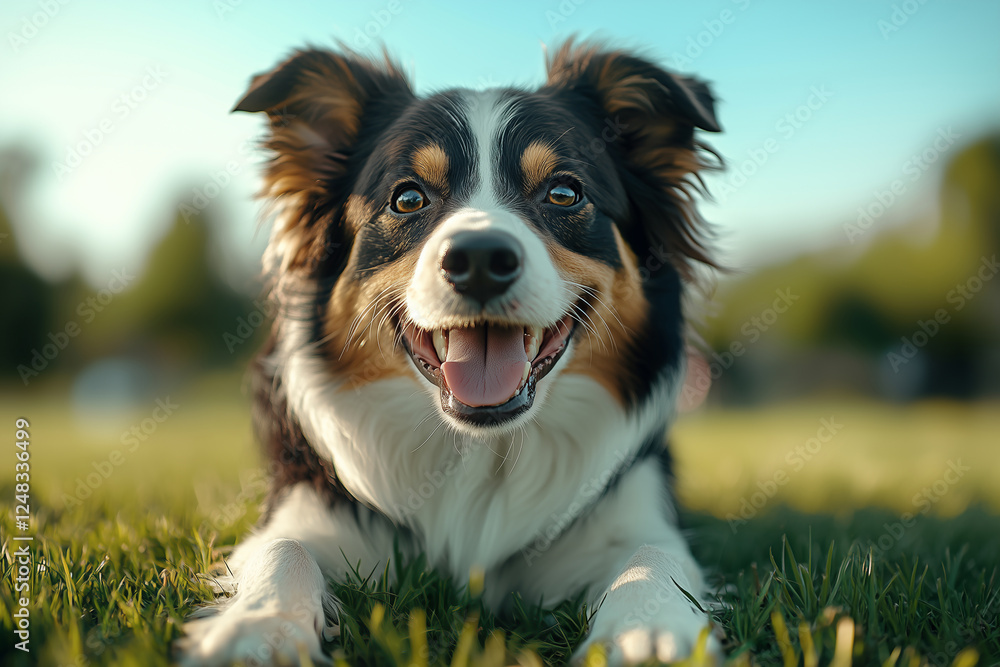 Border collie puppy sitting on the grass.
Blurred garden background. Border collie puppy sitting on the grass.
Blurred garden background.