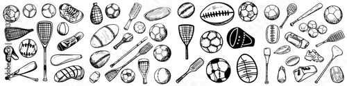 Collection of various sports equipment including balls, racquets, and shoes displayed in black and white sketch style