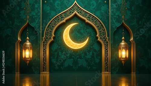 Elegant Islamic Golden Crescent - Ornate Arabic Archway with Gold Crescent Moon on a Deep Green Patterned Background for Luxury Islamic and Cultural Themes